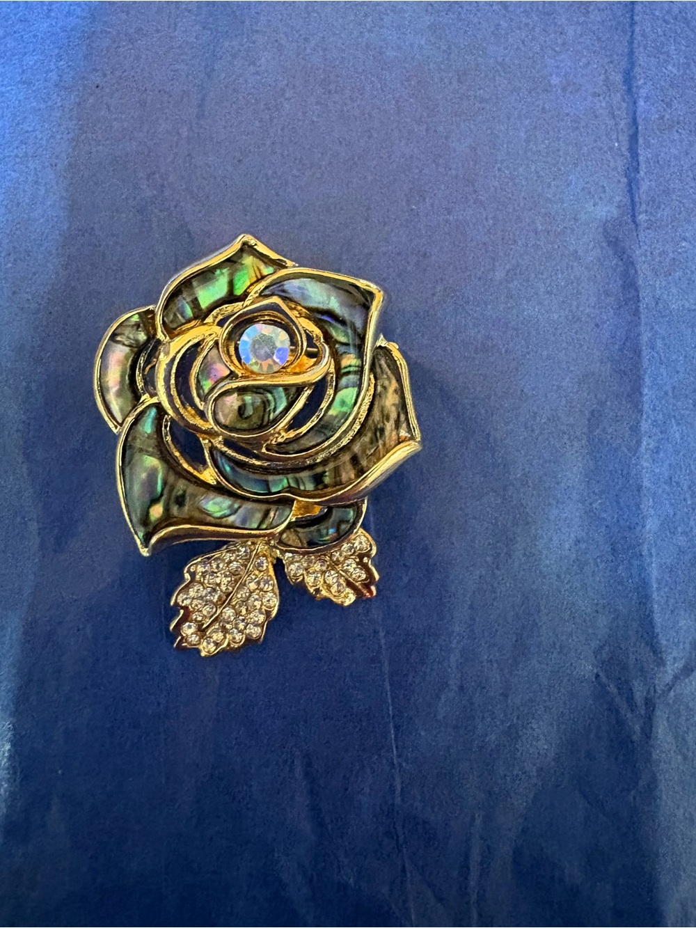 Iridescent Abalone Rose Brooch with Crystal Center